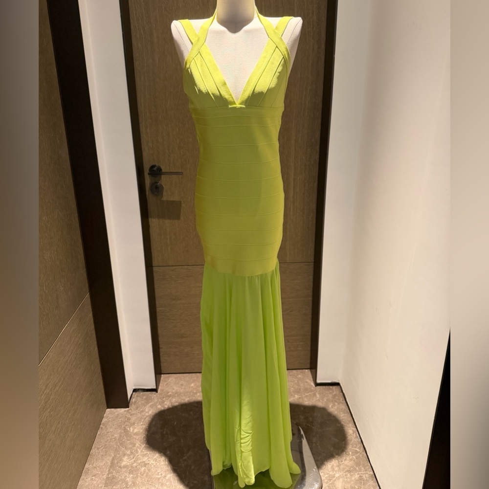 Herve Leger Neon Lime Bandage V-Neck Maxi Dress